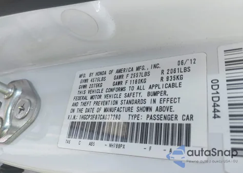 2012 Honda Accord 3.5 Ex-L from USA, damaged, VIN 1HGCP3F87CA037280